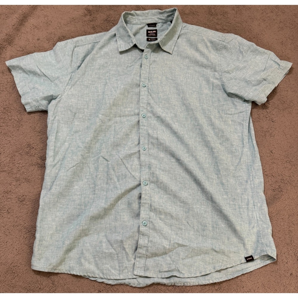 Prana Shirt Mens XL Light Blue Plaid Standard Fit Button Front Short Sleeve